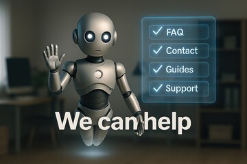 Poster - A digital assistant offering assistance with FAQs, contact, guides, and support, presented with futuristic holographic user interface, embodying technological aid and customer service.