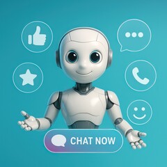 Poster - An adorable robot stands at the forefront of technological progress, surrounded by digital communication icons that hint at seamless connection and customer service.