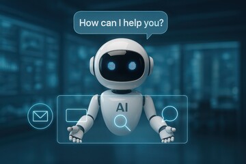 Poster - A helpful AI chatbot with a welcoming message, ready to assist with its advanced technological capabilities. customer support service  
