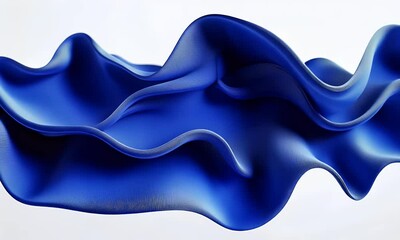 Fototapete - Blue wavy cloth, a 3D rendering of blue fabric in the shape of waves, with a white background and a simple composition. 