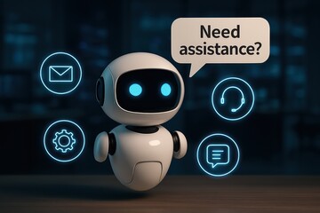 Poster - A futuristic and cute robot stands as a friendly virtual assistant, offering technological support and support to anyone needing assistance. Surrounded by sleek icons.