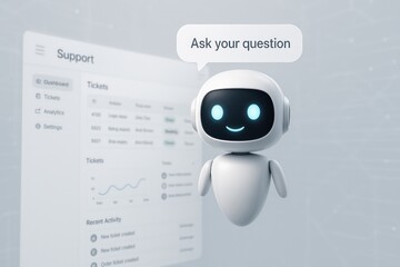 Poster - A friendly, modern AI robot assisting customers with questions about customer support options in a photorealistic and digitally advanced business environment.  