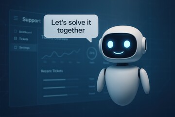 Poster - A modern AI bot communicates support with a warm, approachable demeanor, with a speech bubble that invite the viewer to find out more about technology together.