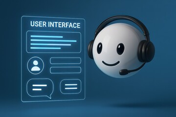 Poster - A smiling customer support avatar with a headset is assisting via a user interface. the UI concept on a vibrant blue background. customer support service