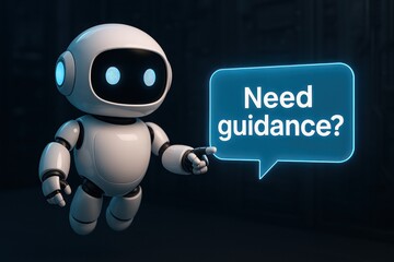 Poster - A futuristic robot, with a speech bubble, ready to provide assistance and guidance. the image creates a sense of innovation and forward-thinking in the context of technology. 
