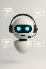 Poster - A friendly AI chatbot avatar with a headset and speech bubbles, embodying customer service, assistance and technology in a clean and modern design. customer support service
