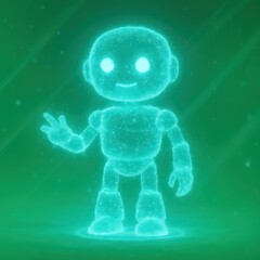 Poster - A futuristic digital robot stands, offering a welcoming gesture, its form rendered in luminescent lines against a vivid green backdrop, symbolizing technological innovation.