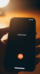 Poster - Smartphone displaying incoming call from unknown number, dark background, warm lighting, symbolizes mystery, uncertainty, and anticipation