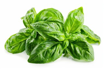 Poster - Vibrant green basil leaves, glistening with water droplets, create a refreshing image against a clean white backdrop