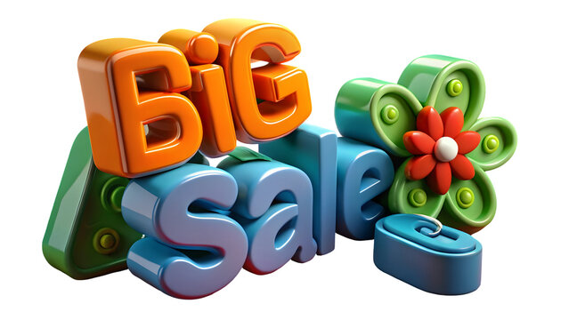 3 D orange and blue letters spelling Big Sale with green flower isolated on a transparent background