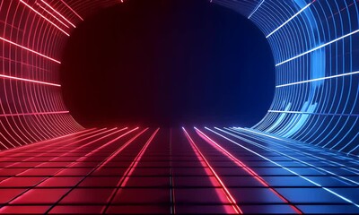Fototapete - Abstract digital line background with glowing dots and lines forming an illuminated gradient of blue, purple, red, green and pink on dark black background