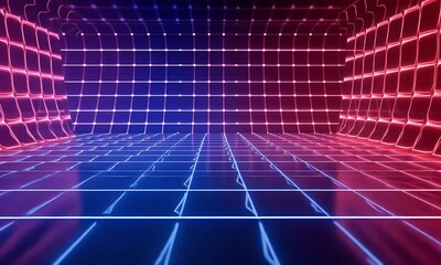 Fototapete - Abstract digital line background with glowing dots and lines forming an illuminated gradient of blue, purple, red, green and pink on dark black background