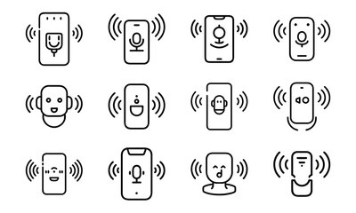 Poster - Modern smartphone icons displaying audio communication and voice assistant interaction in simple style