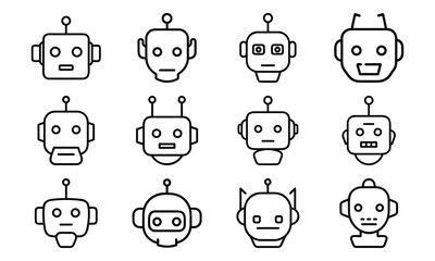 Poster - Collection of various minimalist robot head icons in a modern black and white style