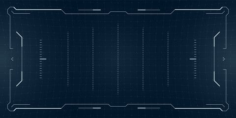 Poster - Glitchy futuristic HUD with radar targets and cyberpunk UI in bright blue. Tactical interface simulates distorted VR drone footage over a sci fi grid background.