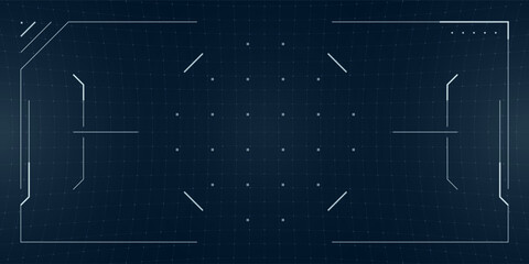 Poster - Futuristic game HUD with holographic scope and aim reticle over a VR blueprint. Glowing digital screen displays sci fi radar and grid layout in cyber style.