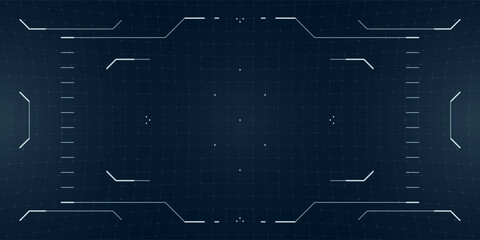 Poster - Cyberpunk HUD overlay in techno palette with glitchy radar and crosshair interface. Digital camera view layered with reticle display and blueprint system grid.