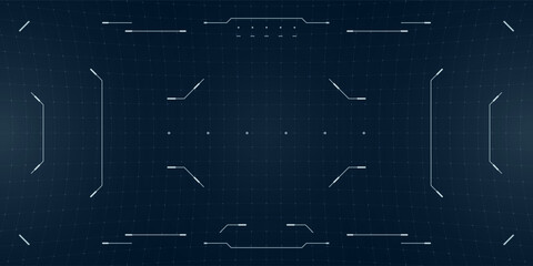 Poster - FPV drone HUD with recording interface and digital distortion. Futuristic cybersport monitor in black and blue with glowing reticle and glitch overlays.