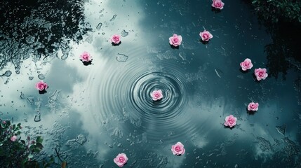 Wall Mural - Pink Flowers Floating on Rippling Water with Cloud Reflection in Tranquil Scene.

