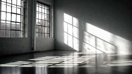 Poster - Empty Room with Light: A minimalist room is bathed in natural light, with sunlight streaming through large windows, casting geometric shadows on the polished floor.
