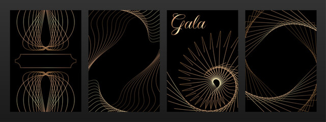 Canvas Print - luxury invitation cards set. premium cover templates black background with gold line pattern frame a