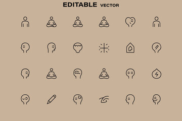 Poster - Collection of minimalist line art icons representing human figures meditation thoughts and ideas on a neutral background