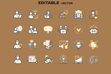 Poster - Collection of modern flat design icons representing business concepts education and teamwork on a brown background