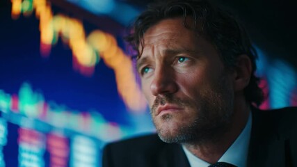 Poster - Introspective Investor Analyzing Market Data: A focused and determined investor contemplates market trends and data visualizations displayed on a screen.