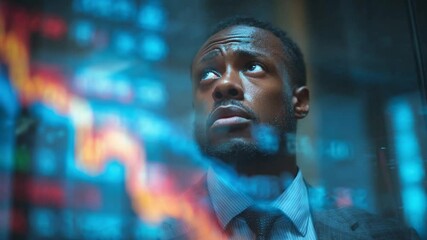 Poster - Strategic Vision: A pensive businessman gazes intently at a complex data display, lost in strategic thought, analyzing market trends and contemplating future business moves.