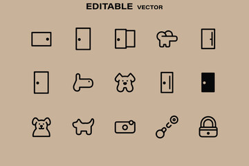 Poster - Collection of simple black line art icons featuring doors dogs keys camera and padlock on a neutral background