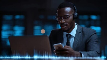 Poster - Digital Harmony: An man immersed in the digital world, wearing headphones while working on a laptop and phone, the scene is accentuated by the visual representation of sound waves. 