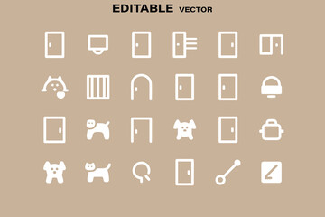 Poster - Collection of simple white outline icons including doors animals and security elements on a beige background