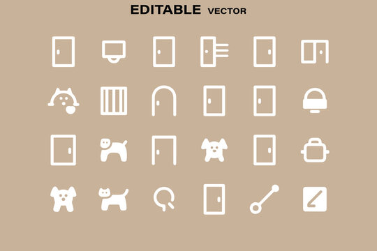 Collection of simple white outline icons including doors animals and security elements on a beige background