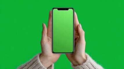Poster - Green Screen Phone: A pair of hands delicately cradles a modern smartphone, its screen glowing a vibrant green against a matching background, perfect for digital integration.