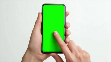 Poster - Green Screen Touch: A close-up shot of a hand interacting with a smartphone featuring a bright green screen, perfect for mock-ups.