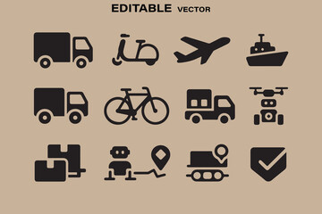 Poster - Collection of black editable vector icons representing various modes of transportation and delivery services on a beige background