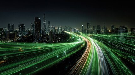 Poster - An imaginative depiction of a vibrant cityscape at night dominated by luminous green light trails that illustrate the swift exchange of information in a smart city blending aesthetics