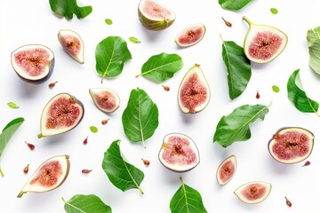 Poster - Pattern of halved and whole figs with green leaves, showcasing vibrant colors and textures on a clean white backdrop