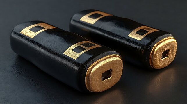 Two black cylinders with gold accents.
