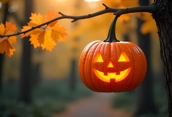 Wall Mural - A carved pumpkin with a joyful face hangs from a tree branch, bathed in soft, natural light, carved pumpkin hanging from a tree branch,the blurred background of trees and foliage. 