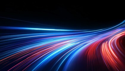 Wall Mural - Vibrant, dynamic light trails of blue and red flow smoothly across a black backdrop, creating an abstract and energetic visual 