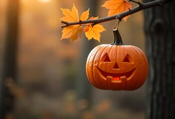 A carved pumpkin with a joyful face hangs from a tree branch, bathed in soft, natural light, carved pumpkin hanging from a tree branch,the blurred background of trees and foliage. 