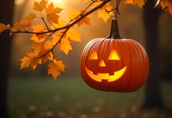 Wall Mural - A carved pumpkin with a joyful face hangs from a tree branch, bathed in soft, natural light, carved pumpkin hanging from a tree branch,the blurred background of trees and foliage. 