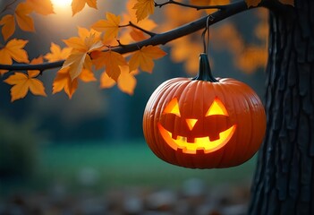Wall Mural - A carved pumpkin with a joyful face hangs from a tree branch, bathed in soft, natural light, carved pumpkin hanging from a tree branch,the blurred background of trees and foliage. 