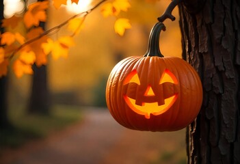 A carved pumpkin with a joyful face hangs from a tree branch, bathed in soft, natural light, carved pumpkin hanging from a tree branch,the blurred background of trees and foliage. 