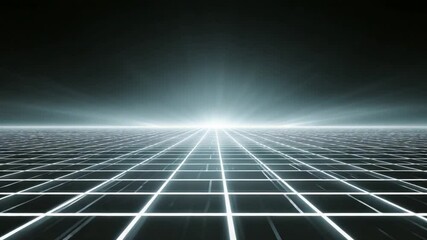 Poster - Digital Grid Perspective: A digitally rendered grid of lines extends towards a radiant, bright light, creating a visual representation of futuristic digital space and technology.