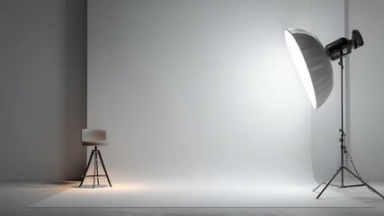 Poster - Studio Setup: An inviting studio setup, bathed in the soft glow of professional lighting. A lone chair awaits within this minimalist and modern space, ready for the next project.