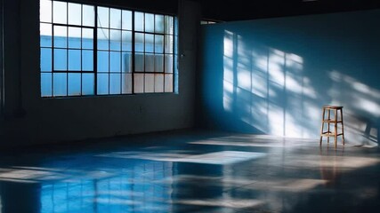 Poster - The Light-Filled Studio: Shadows dance across the polished concrete floor of a large studio, as sunlight streams in through a grid of expansive windows. The composition evokes a sense of calm.