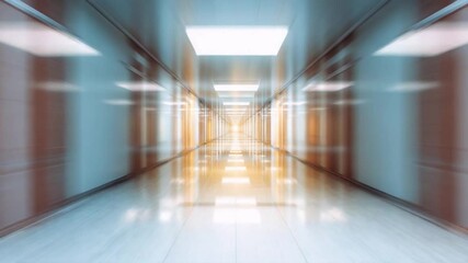 Poster - Modern Passage: A contemporary indoor hallway features clean lines, metallic panels, and recessed lighting, leading the eye towards a bright, unknown destination.