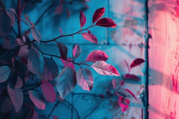 Poster - Pink and blue leaves growing on a branch in front of a wall, creating a vibrant and surreal scene